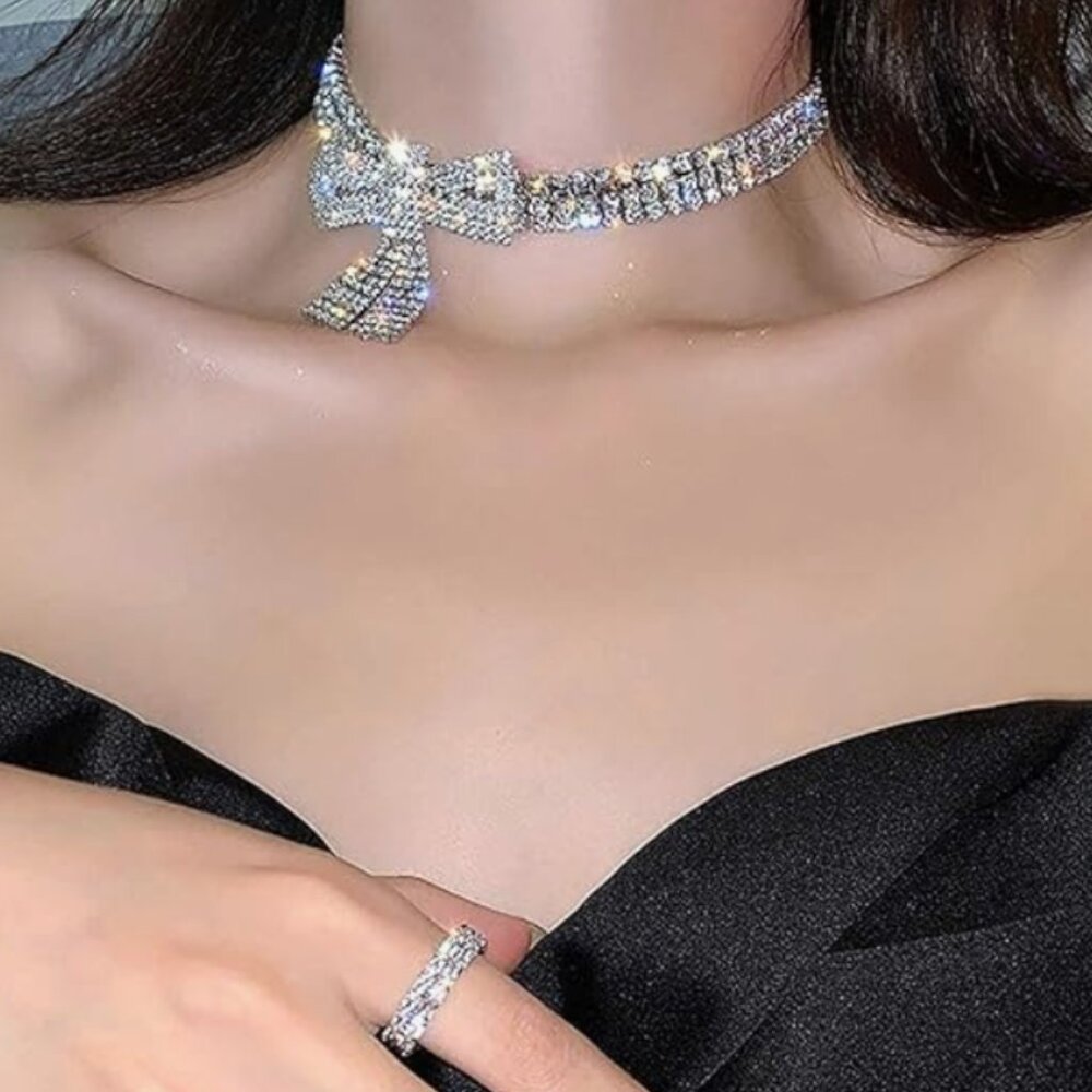 Anthro Gold Bow Rhinestone Necklace Choker